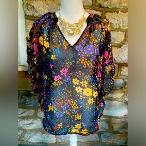 Anthropologie | Fei brand Sheer Silk Floral Multi Cottagecore Top in Size 0 EUC